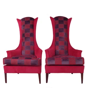 Hot Pink Greek Key Highback Wing Chairs - Pair