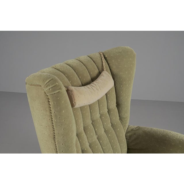 Large Green Italian Wood & Fabric Wingback Armchair, 1950s For Sale - Image 11 of 15