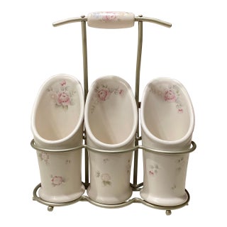 1980s Rare Pfaltzgraff Tea Rose Flatware Caddy Silverware Utensil Holder With Stand. Harder to Find Caddy. For Sale