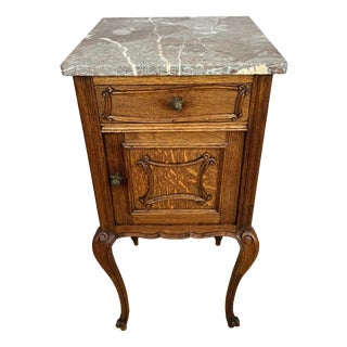 Antique French Marble Top Oak Carved Nightstands For Sale