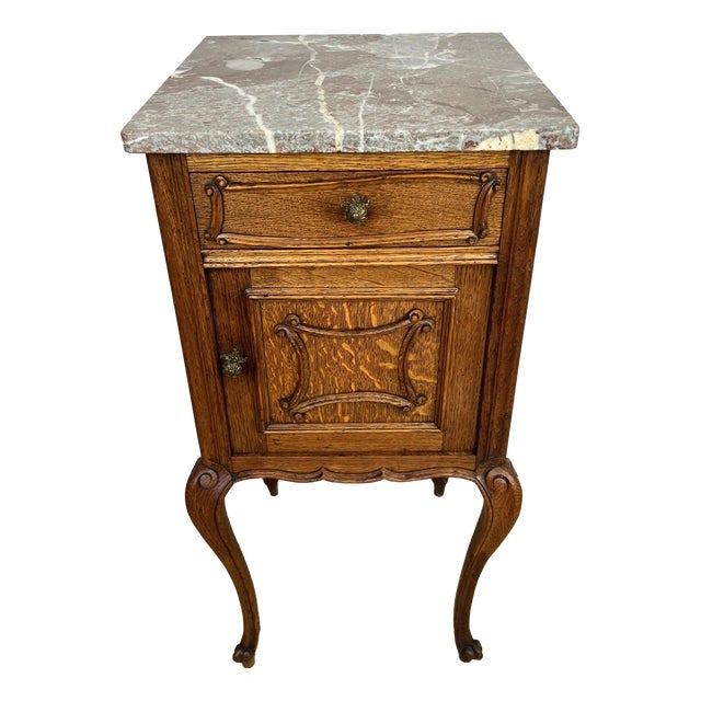 Antique French Marble Top Oak Carved Nightstands For Sale
