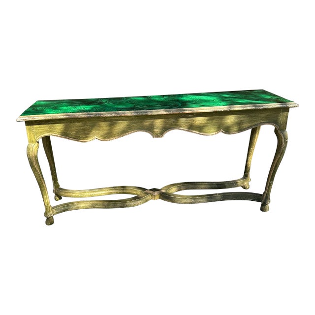 1950s Faux Malachite Topped Sofa or Hall Table With a Distressed Green Base and Legs French in Style For Sale