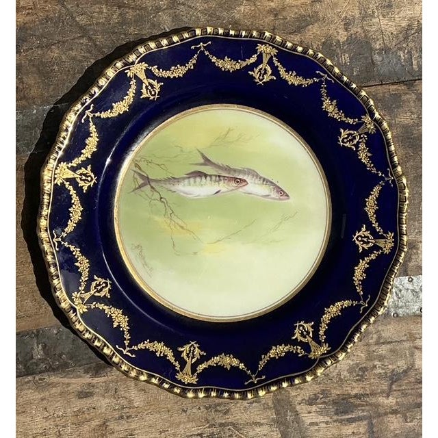 Navy Blue Vintage Gilt Tipped Doulton Burslem Fish Plates - Set of 12 For Sale - Image 8 of 16
