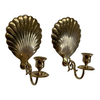 Vintage Mid 20th Century Brass Clam Shell Candle Holder Wall Sconces - a Pair For Sale