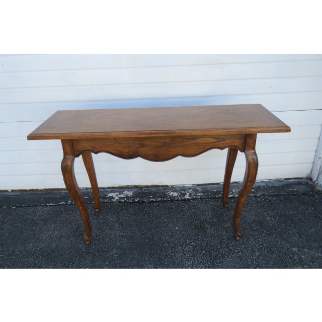 French Country Carved Oak Parquet Top Library Console Long Table For Sale - Image 9 of 13