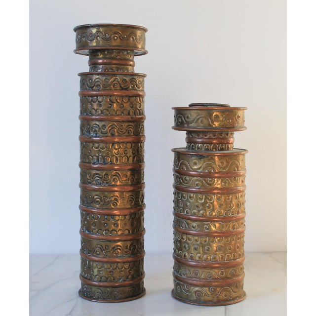 Mid-Century Modern Vintage 1960s Gene Byron Mexican Pressed Tin, Brass and Copper Candle Holders - Set of 2 For Sale - Image 3 of 10