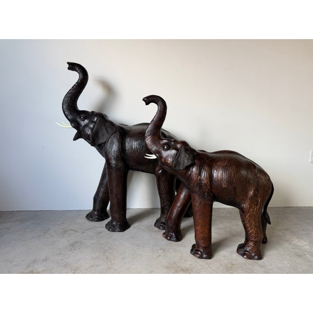 Vintage Safari Style Oversized Leather Elephant Sculptures With Raised Trunks – A Pair For Sale - Image 4 of 18