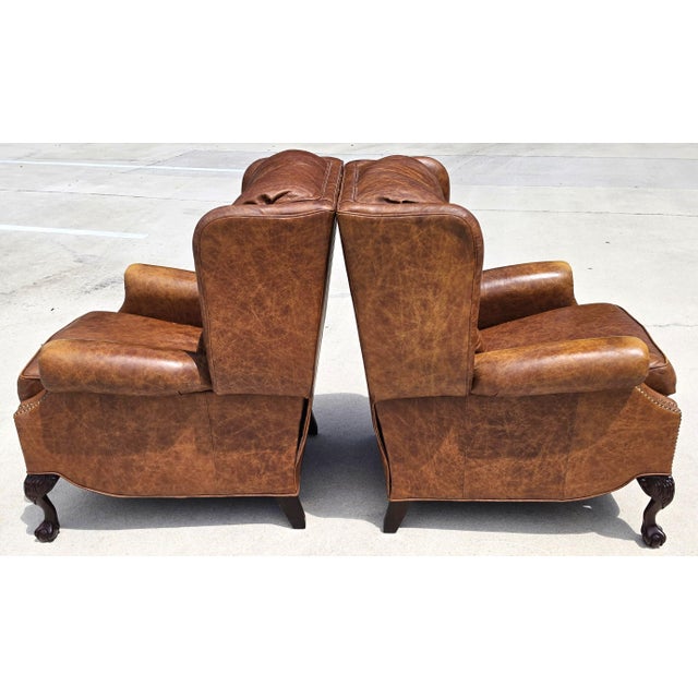 1980s Vintage Motioncraft Chippendale Leather Wingback Recliners Ball & Claw Pair For Sale - Image 5 of 16