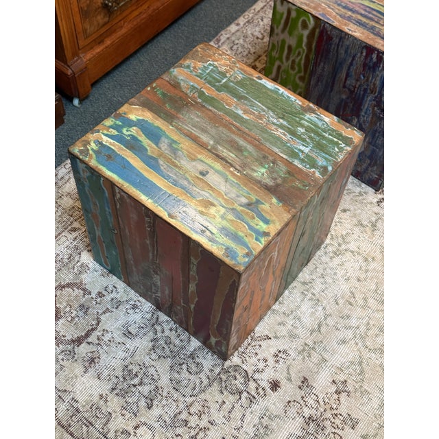 Handmade Reclaimed Boat Wood Cube Stools, Pair For Sale - Image 4 of 12