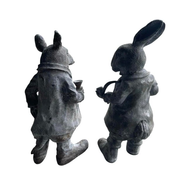 Illustration Vintage Cast Iron Gentleman Rabbit Garden Statues - Set of 2 Dapper Hare Figures (Pipe & Goblet) For Sale - Image 3 of 12