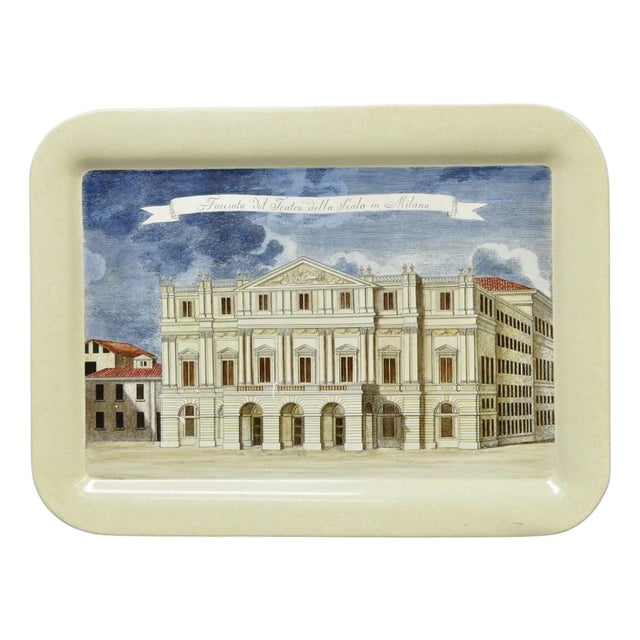 Vintage Fornasetti Milano Italy Italian Large Tole Metal Tray Piazza Della Scala For Sale