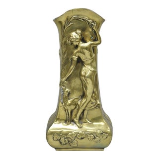 Antique Art Nouveau Chinese Gilt Bronze Nude Female Sculpture Statue 16" Vase For Sale