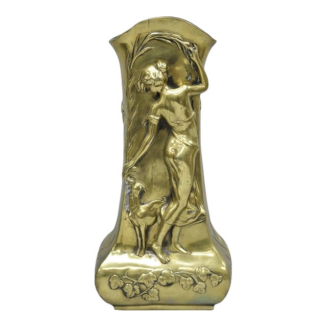 Antique Art Nouveau Chinese Gilt Bronze Nude Female Sculpture Statue 16" Vase For Sale