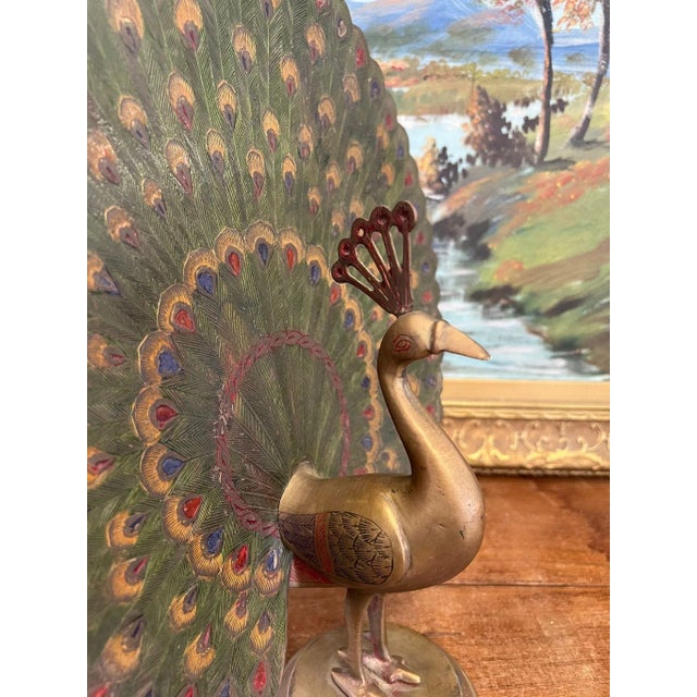 Mid-Century Modern Vintage Hand Painted Etched Possibly Brass Peacock Sculpture Statuette For Sale - Image 3 of 9