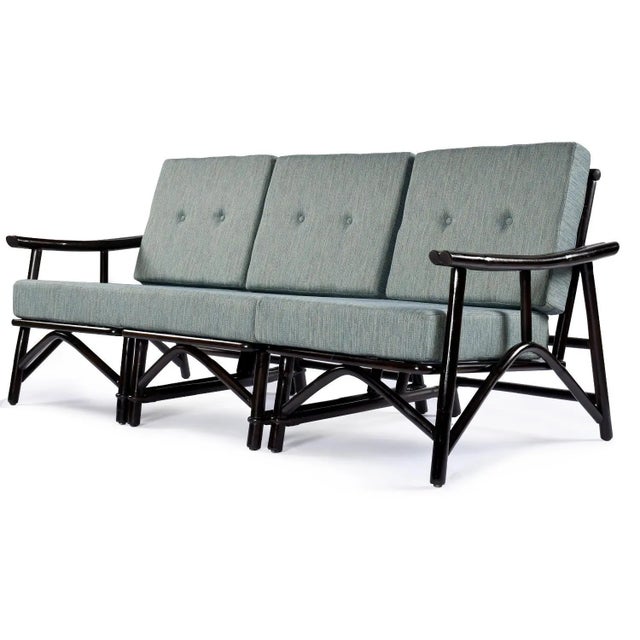 A tasteful fusion of modern, Eastern and boho-chic style. Luxurious bamboo living room set by John B. Wisner for Ficks...