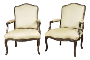 A Pair of French Provencial Louis XV-Style Fauteuils Pale White Hide Leather