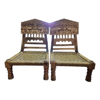 Low Indian Hand-Carved Chairs with Elephant Backrests, 1950s, Set of 2 For Sale