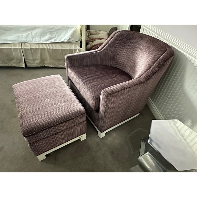 Traditional Restoration Hardware Purple Upholstered Armchair & Ottoman For Sale - Image 3 of 6