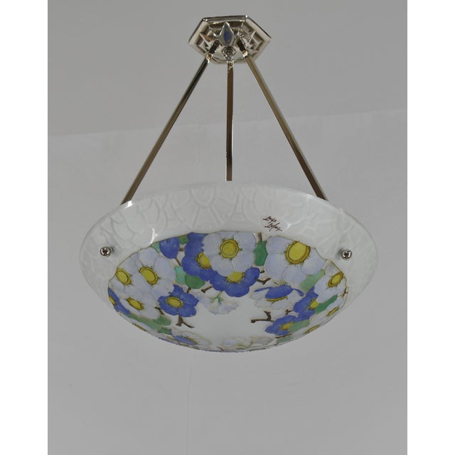 LOYS LUCHA A French 1925-1935 art deco pendant light in nickel plated solid brass or bronze holding a bowl by Loys Lucha....