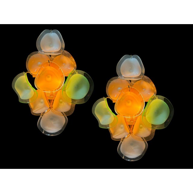 Murano Glass Disc Sconces, Set of 2 These sculptural wall sconces are composed of nine hand-blown, ondulated Murano glass...