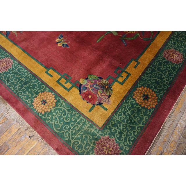 Early 20th Century 1920s Fuschia Floral Modern Antique Chinese Art Deco Rug 8'9" X 11'6" Handknotted Wool Carpet For Sale - Image 5 of 13