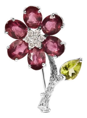 18K White Gold 1/3 Cttw Diamond, Pink Tourmaline, and Green Peridot Flower and Leaf Tulip Brooch Pin (H-I Color, VS2-SI1)