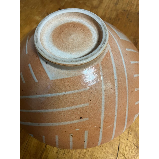 1990s Signed Vintage Ceramic Pedestal Bowl Hand Painted Stripes For Sale - Image 5 of 7