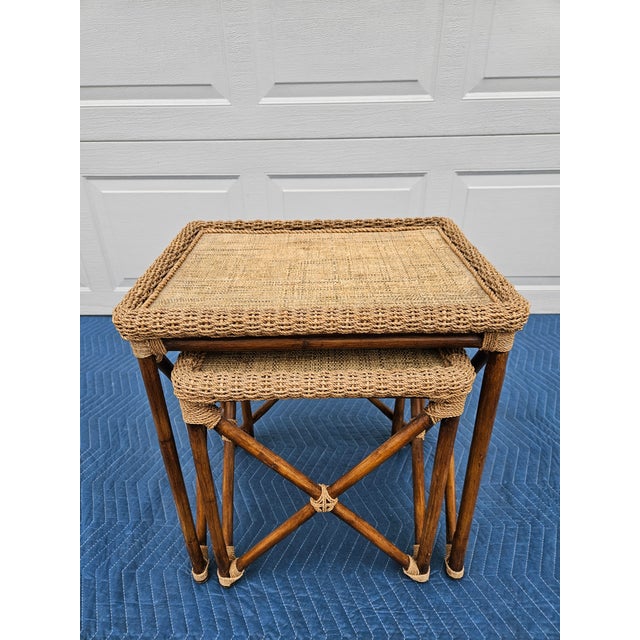 Mid-Century Modern Bamboo Rope and Grass Mat Nesting Tables For Sale - Image 3 of 15