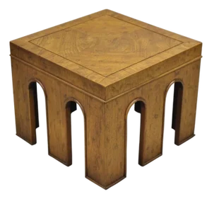 Vintage Drexel Wellington Arched Hollywood Regency Burl Wood Pedestal Side Table