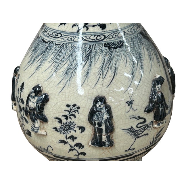 Oriental Cream White Color Blue Eight Immortal Theme Porcelain Vase Art For Sale - Image 11 of 17