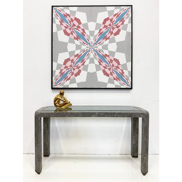 Maitland-Smith Tessellated Marble Console Table, Beveled Glass and Brass Offered for sale is a 1980s tessellated marble-...
