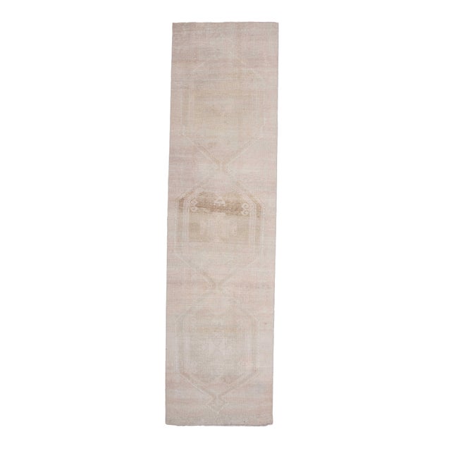 1970s Vintage Handmade Wool Cotton Turkish Beige Runner Rug For Sale