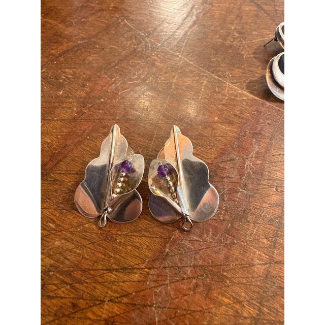 Contemporary Vintage Sterling Silver Leaf Design With Amethyst Accent Pierced Earrings For Sale - Image 3 of 3