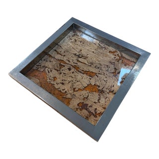 Vintage Square Tray With Cork Inlay and Metal Frame For Sale