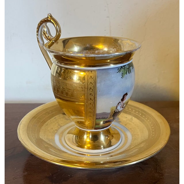 Antique Early 19th Century French Empire Paris Porcelain Tea Cup & Saucer Decorated With a Courting Couple For Sale In New York - Image 6 of 14