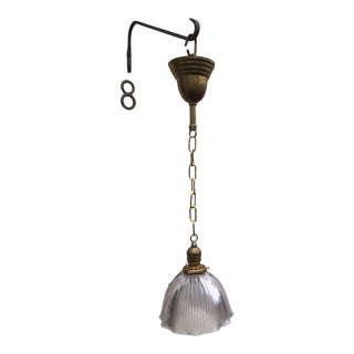 1920s Holophane Ribbed Glass Shade and Brass Hanging Fixture For Sale