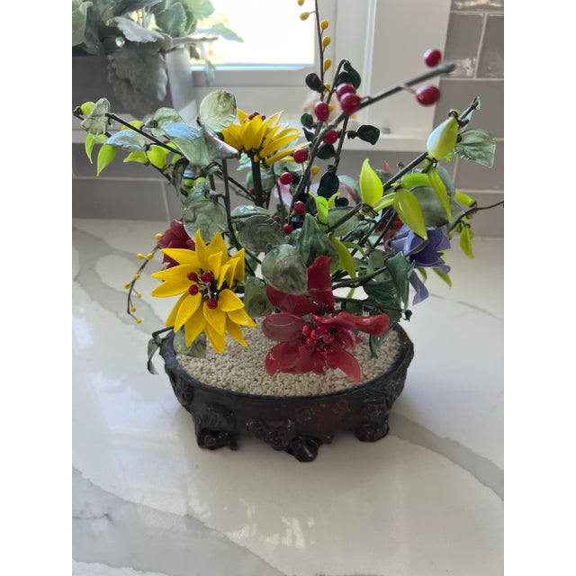 Vintage floral arrangement made from jade, glass and other gemstones. The leaves and petals are on flexible wires so you...