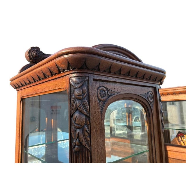Antique French Art Nouveau Curio Cabinet Hutch China Breakfront Oak Side by Side For Sale - Image 10 of 16