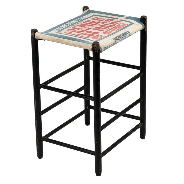 1940s Vintage 1940s Primitive Wooden Stool W/ Black Painted Frame & Premier Egg Mash Feed Sack Seat - 25.5" Tall For Sale - Image 5 of 17