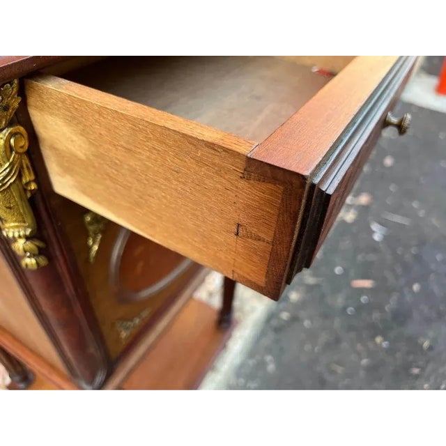 Pair Louis XVI Style Ormolu Mounted Marquetry Mahogany Marble Top Bedside Tables, 19th Century For Sale - Image 9 of 12