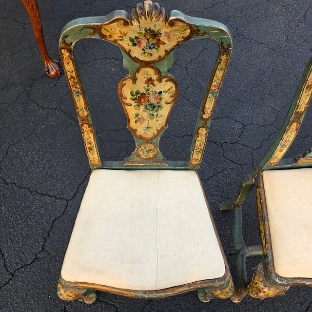 Antique Pair of Italian Venetian Rococo Revival Hand-Painted Polychrome and Parcel-Gilt Side Chairs With Floral Decoration, Circa 1920 For Sale - Image 11 of 13