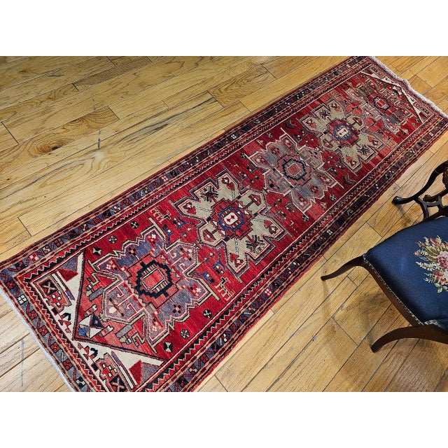 Textile Vintage Persian Heriz Runner, Hand-Knotted Wool, Geometric Pattern, Red & Green, 3x10 For Sale - Image 7 of 18
