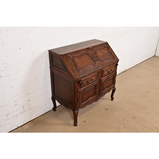 R. J. Horner & Co. Antique French Provincial Louis XV Carved Oak Drop Front Secretary Desk, Circa 1900 For Sale - Image 4 of 14