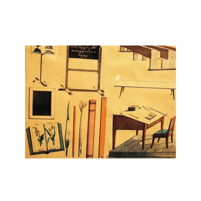 Circa 1950 Vintage School Days Print in Faux Bamboo Frame, behind glass. Comprised of two separate pages carefully book...