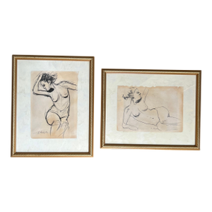 Two Contemporary Original Stephen Heigh Abstract Female Nude Marker / Charcoal Drawings - Set of Two