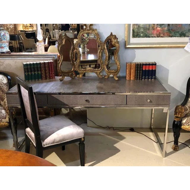 Hollywood Regency Style Desk With Embossed Stitched Leather on a Chrome Frame For Sale - Image 10 of 12