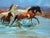 This oil painting captures a dynamic moment as a group of horses splashes through water, their powerful forms conveying a...