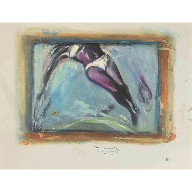Floating woman is a painting artwork, realized by sergio barletta in 1974. Tempera and white lead on cardboard. Hand-...