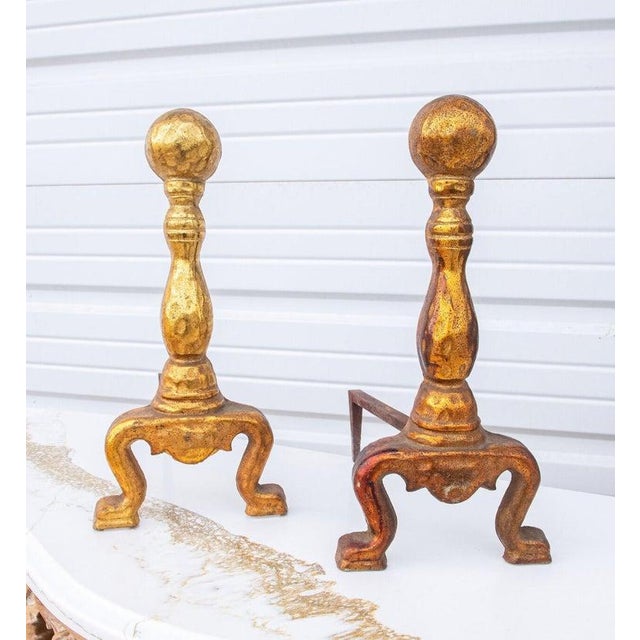 Cast Iron Fireplace Andirons With Gold Enamel From the 1920's, Pair For Sale - Image 4 of 10
