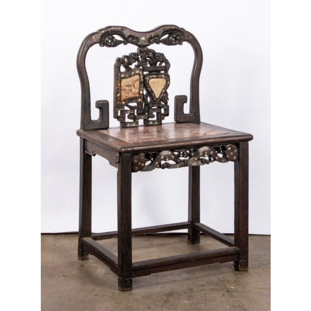 Asian 19th Century Chinese Late Qing Hongmu Marble & Mother-of-Pearl Inlaid Hall Chair For Sale - Image 3 of 3